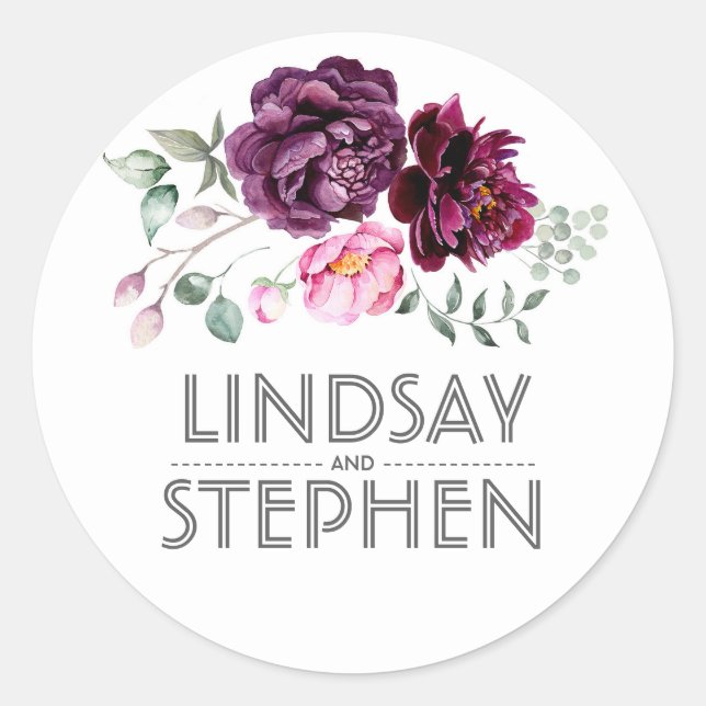 Plum Purple Watercolor Flowers Elegant Wedding Classic Round Sticker (Front)