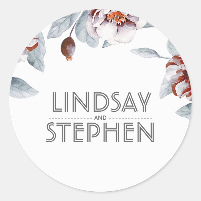 Plum Purple Watercolor Flowers Elegant Wedding Classic Round Sticker (Front)