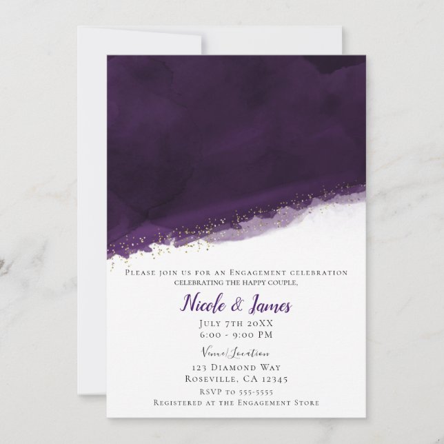 Plum Purple Watercolor & Gold Modern Chic Wedding Invitation (Front)
