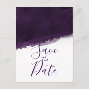 Plum Purple Watercolor & Gold Modern Save the Date Announcement Postcard