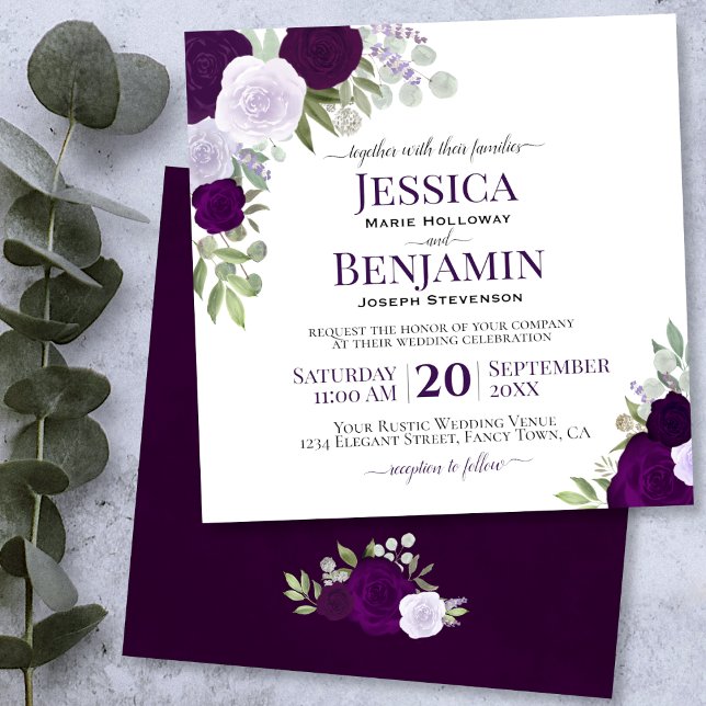 Plum Purple Watercolor Roses Elegant Wedding Invitation (Creator Uploaded)