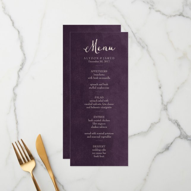 Plum Purple Wedding Menu Card (Front/Back In Situ)