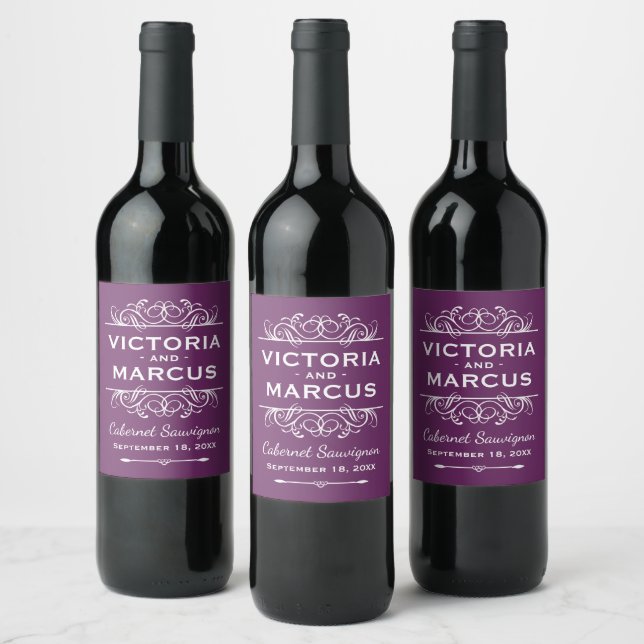 Plum Purple Wedding Monogram Bottle Favour Wine Label (Bottles)