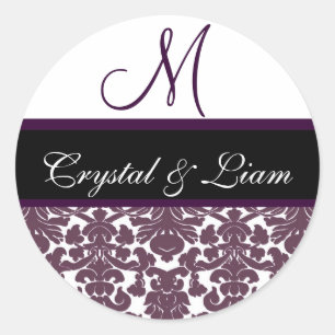 PLUM PURPLE & WHITE Damask Wedding Monogram Label