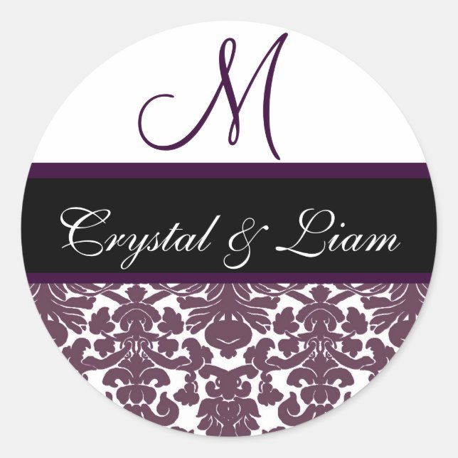 PLUM PURPLE & WHITE Damask Wedding Monogram Label (Front)