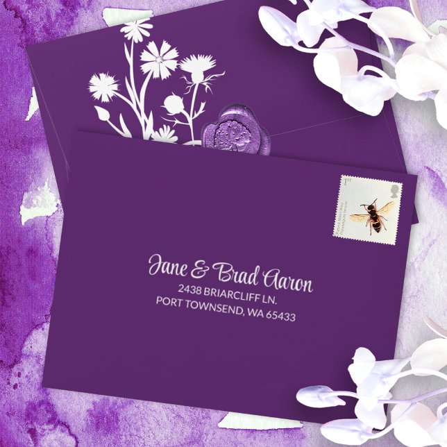 Plum Purple, White Floral Design, Pre-addressed Envelope (plum purple bat mitzvah rsvp reply response card envelopes smaller envelopes for enclosure cards)