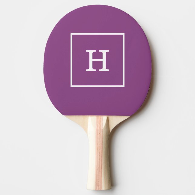 Plum Purple White Framed Initial Monogram Ping Pong Paddle (Front)