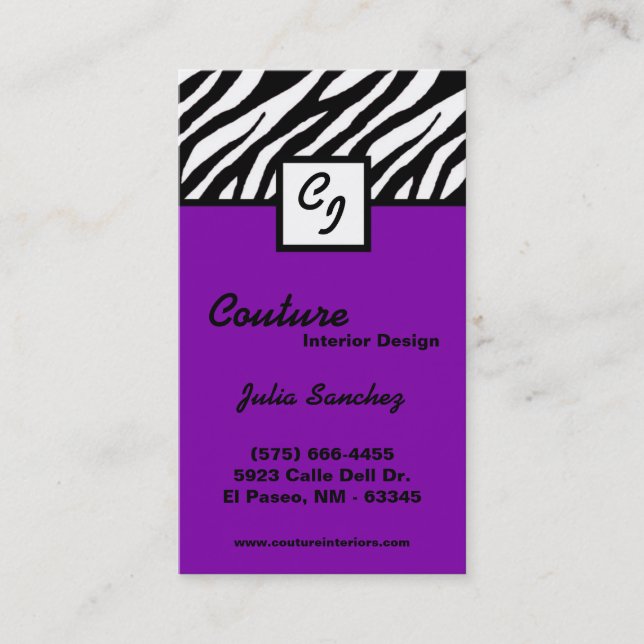 Plum Purple Zebra Print Personalise Business Card (Front)