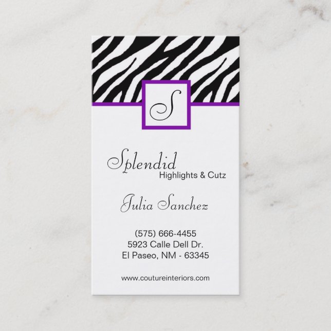 Plum Purple Zebra Print Personalise Business Card (Front)