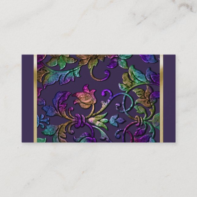 Plum Rainbow Metallic Embossed Look Damask Business Card (Front)