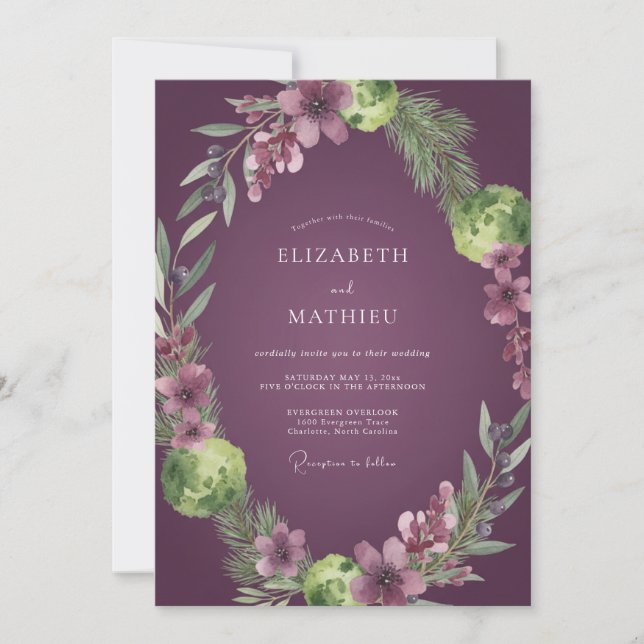 Plum Ranunculus Foliage Dusty Eucalyptus Wedding Invitation (Front)