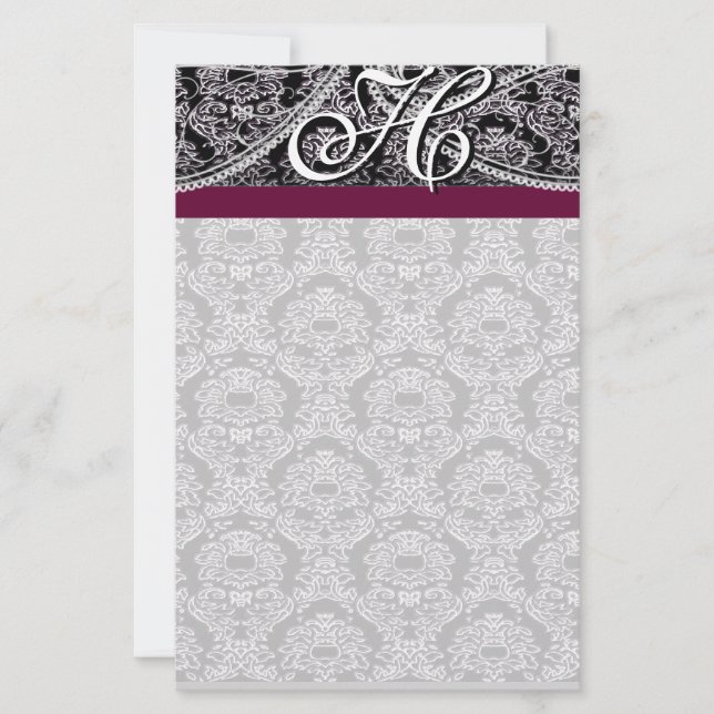 Plum Ribbon Monogram Letterhead Black Paisley (Front)