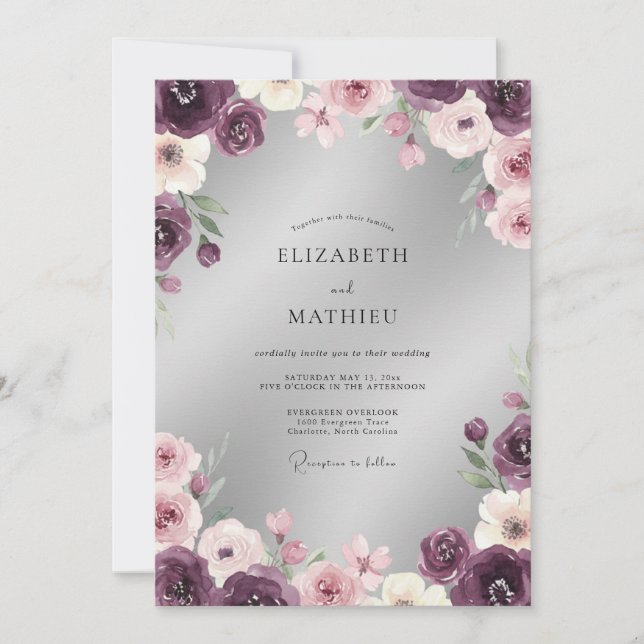 Plum Romantic Floral Flourish Wedding Invitation (Front)