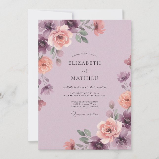 Plum Romantic Watercolor Wedding Invitation (Front)