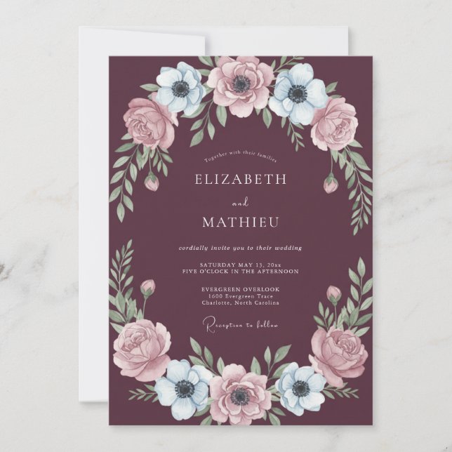 Plum Rose Blush Peony Wedding Invitation (Front)