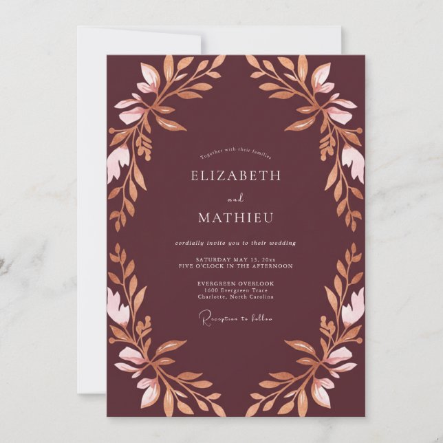 Plum Rose Copper Leafy Wedding Invitation (Front)