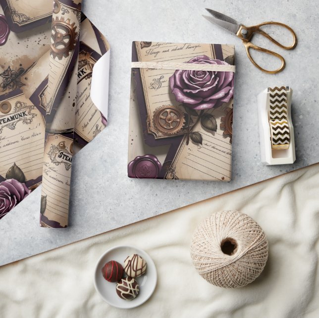 Plum Roses Mechanical Steampunk  Wrapping Paper (Crafts)