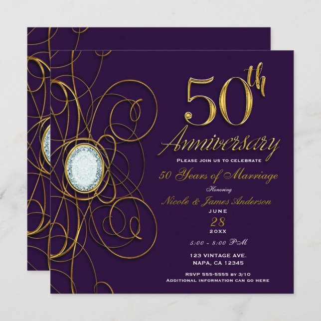 Plum Royal Purple Gold Diamond 50 50th Anniversary Invitation (Front/Back)