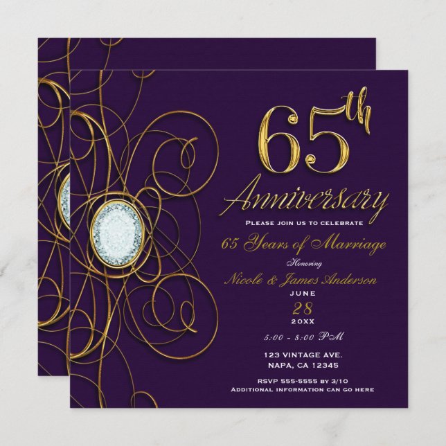 Plum Royal Purple Gold Diamond 65 65th Anniversary Invitation (Front/Back)