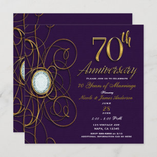 Plum Royal Purple Gold Diamond 70 70th Anniversary Invitation