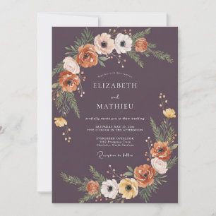 Plum Rust Ranunculus Eucalyptus Wedding Invitation