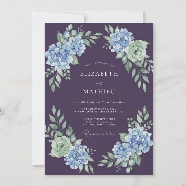Plum Sage Hydrangea Eucalyptus Wedding Invitation (Front)