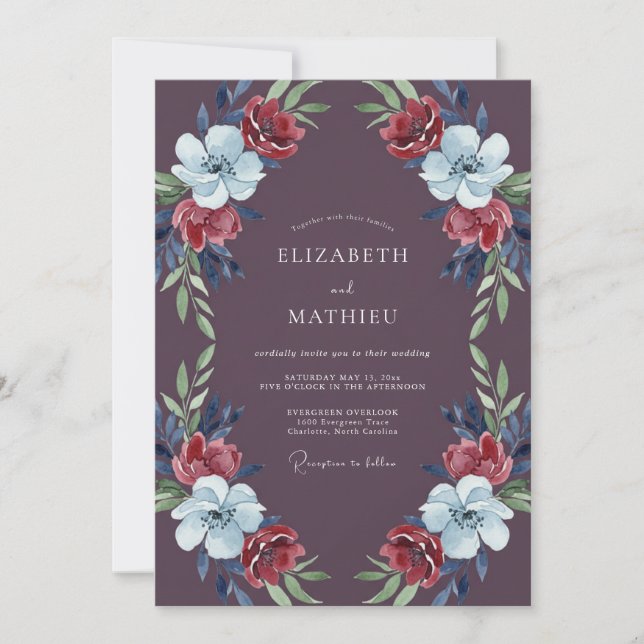 Plum Scarlet Leafy Wedding Invitation (Front)