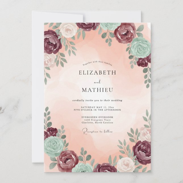 Plum Seafoam Succulent Eucalyptus Wedding Invitation (Front)