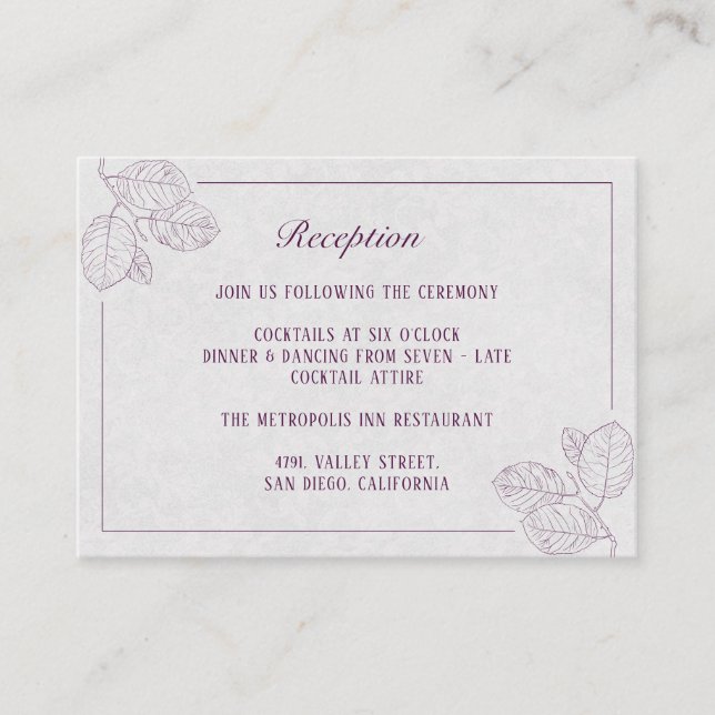 Plum Silver Botanical Elegant Wedding Reception Enclosure Card (Front)