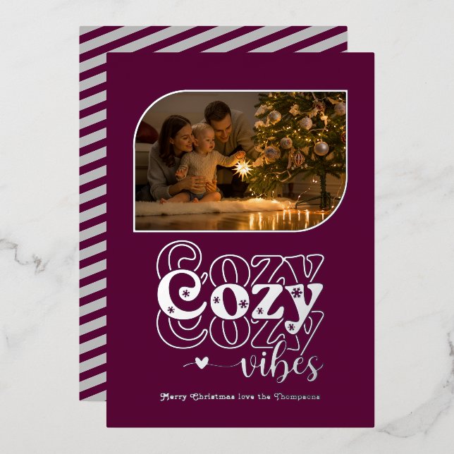 Plum & Silver Cosy Vibes Retro Christmas Photo (Front/Back)