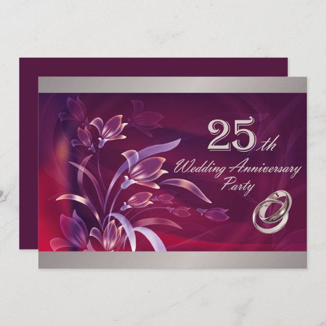 Plum | Silver Floral 25th Wedding Anniversary Invitation (Front/Back)