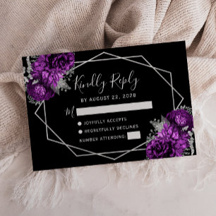 Plum Silver Floral Geometric Black RSVP Card
