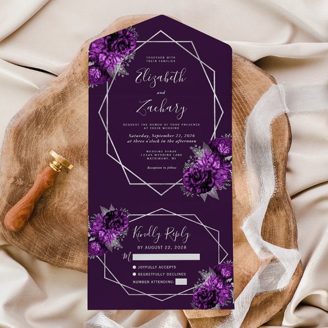 Plum Silver Floral Geometric Plum Wedding All In One Invitation (Creator Uploaded)