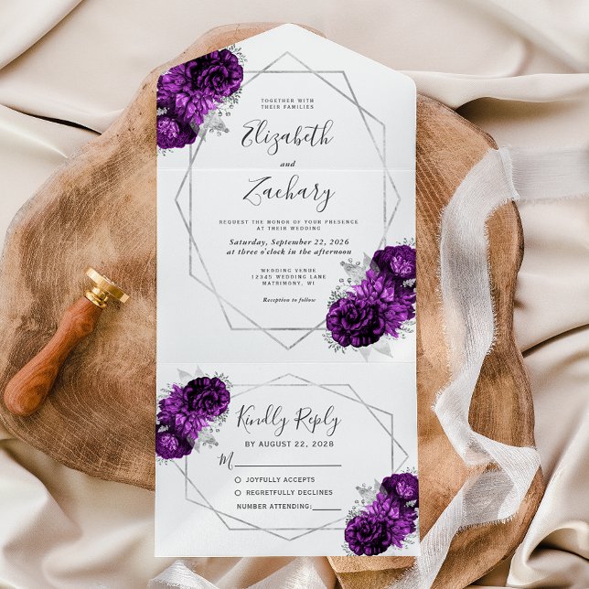 Plum Silver Floral Geometric White Wedding All In One Invitation (Creator Uploaded)