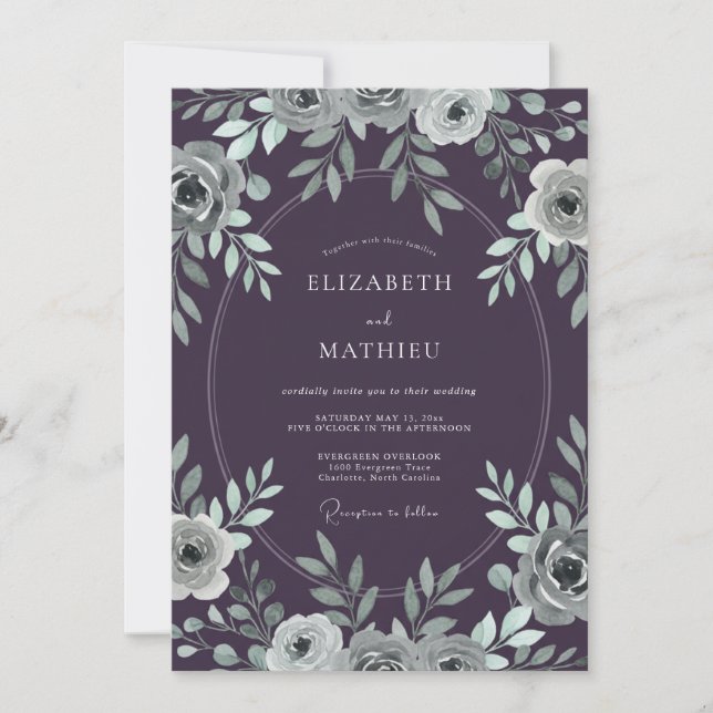Plum Silver Foliage Eucalyptus Wedding Invitation (Front)