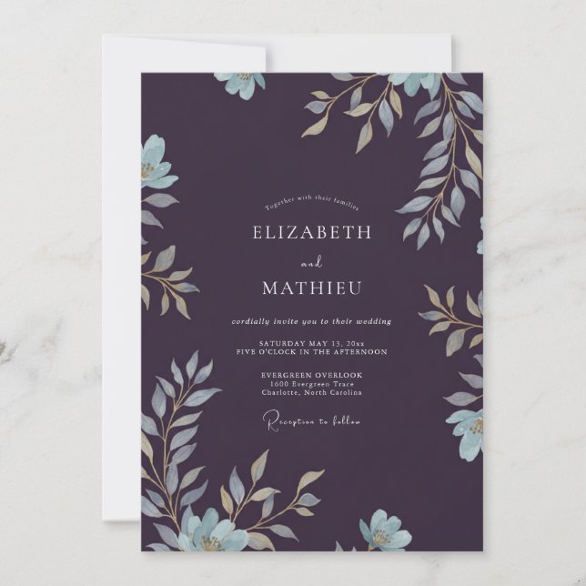 Plum Silver Foliage Muted Eucalyptus Wedding Invitation (Front)