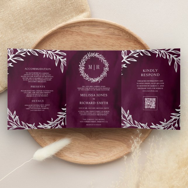 Plum Silver Leaf Branch QR Code Wedding Tri-Fold Invitation (Creator Uploaded)