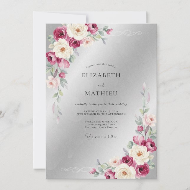 Plum Silver Leafy Wedding Invitation (Front)