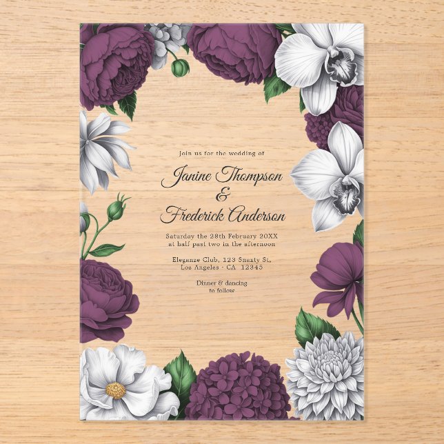 Plum & Silver Modern Botanical Wedding Acrylic Invitations (Front)