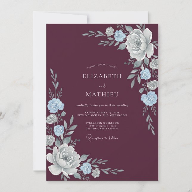Plum Silver Petal Wedding Invitation (Front)