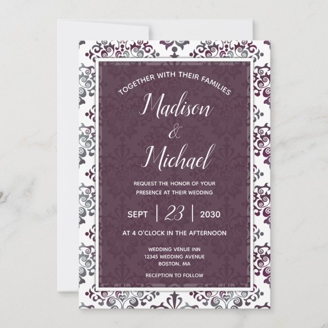Plum Silver Sage Damask Wedding Invitation (Front)
