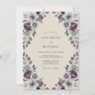 Plum Slate Antique Rose Wedding Invitation