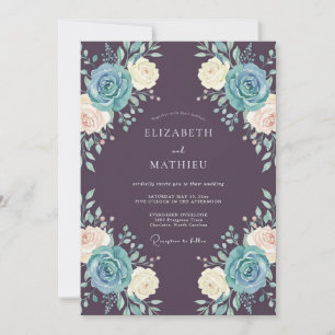 Plum Slate Blue Floral Wedding Invitation