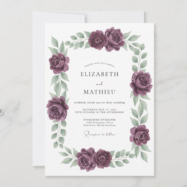Plum Soft Floral Wedding Invitation (Front)