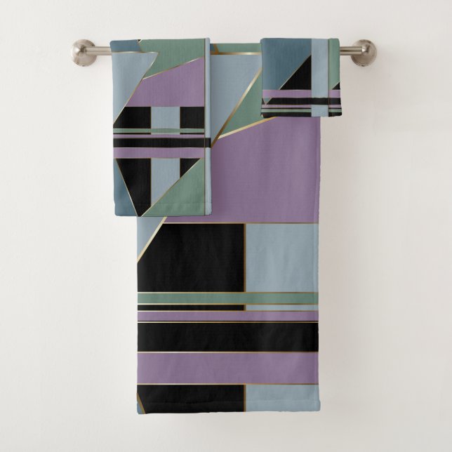 Plum Steel Moss Geometric WhimsicalArtwork™ Bath Towel Set (Insitu)