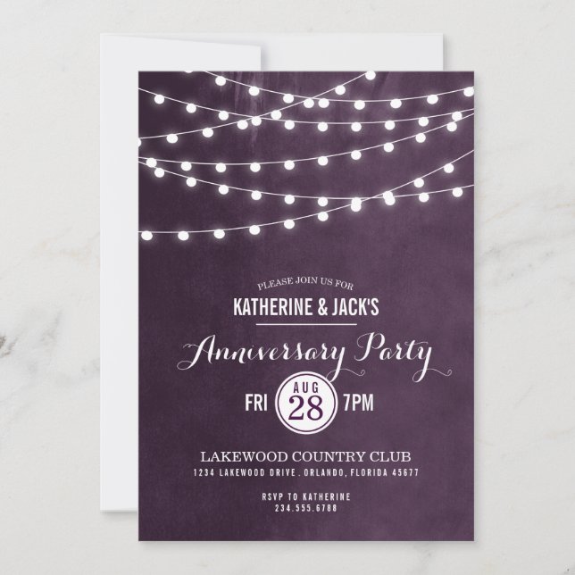 Plum String Lights Anniversary Party Invitation (Front)