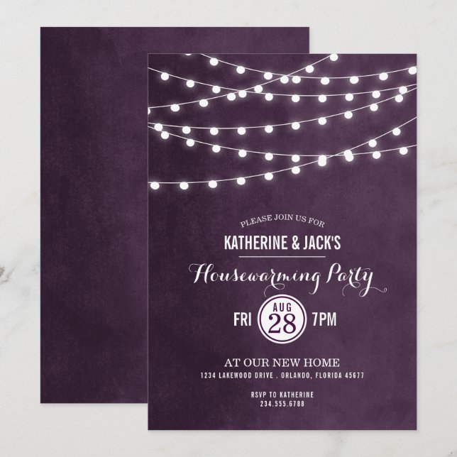 Plum String Lights Housewarming Party Invitation (Front/Back)