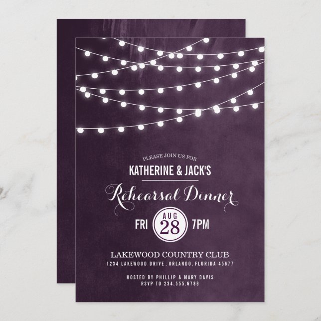 Plum String Lights Rehearsal Dinner Invitation (Front/Back)