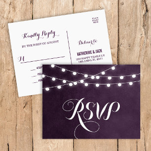 Plum String Lights Wedding RSVP Postcard