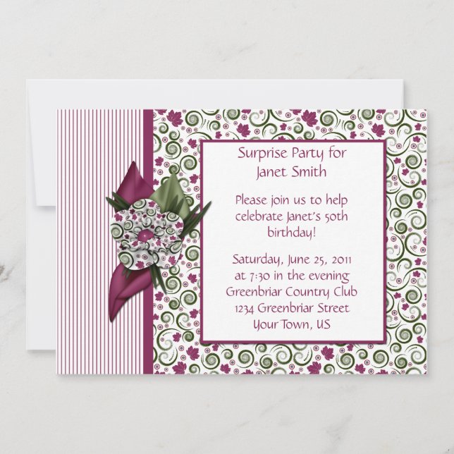 Plum Stripes and Leaves Party Invitation (Front)
